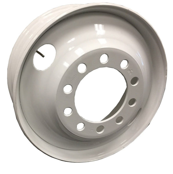 STEEL WHEEL 24.5x8.25 10x285.75, 30.7mm Stud piloted, 221.5mm CBD, 2 handholes, 168mm  offset, Max load 7400lbs White Color
8248219 STUD PILOTED / 24.5 x 8.25 Dual / STUD PILOTED STUD PILOTED / 24.5 x 8.25 Dual / STUD PILOTED